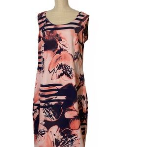 Maya Brooke Sleeveless Navy and Pink Floral and Stripe Dress